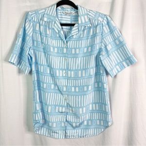 Vintage Pastel Blue & White Short Sleeve Button Up Top Med